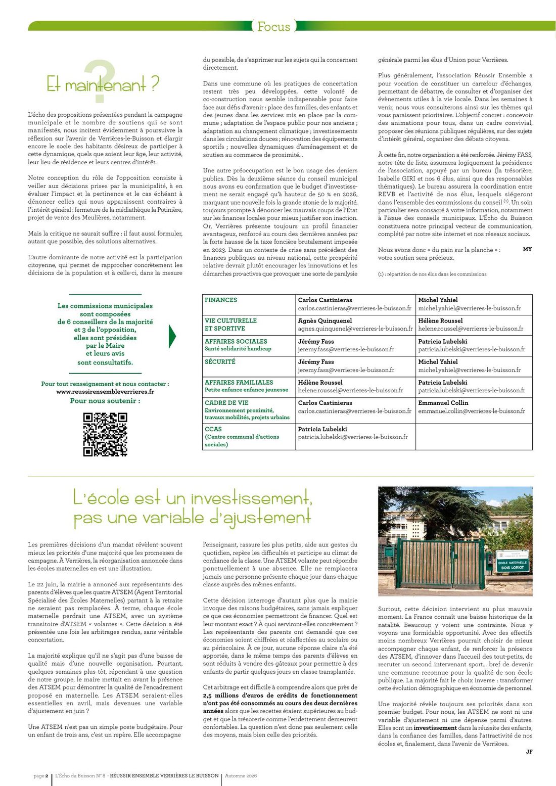Page 2 : focus « Et maintenant ? » et « L'école est un investissement, pas une variable d'ajustement », avec les commissions municipales.