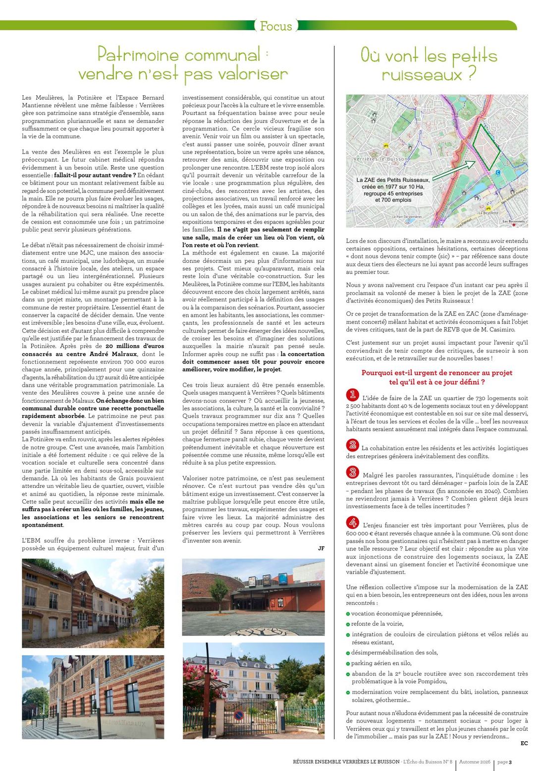 Page 3 : focus « Patrimoine communal : vendre n'est pas valoriser » et « Où vont les petits ruisseaux ? ».